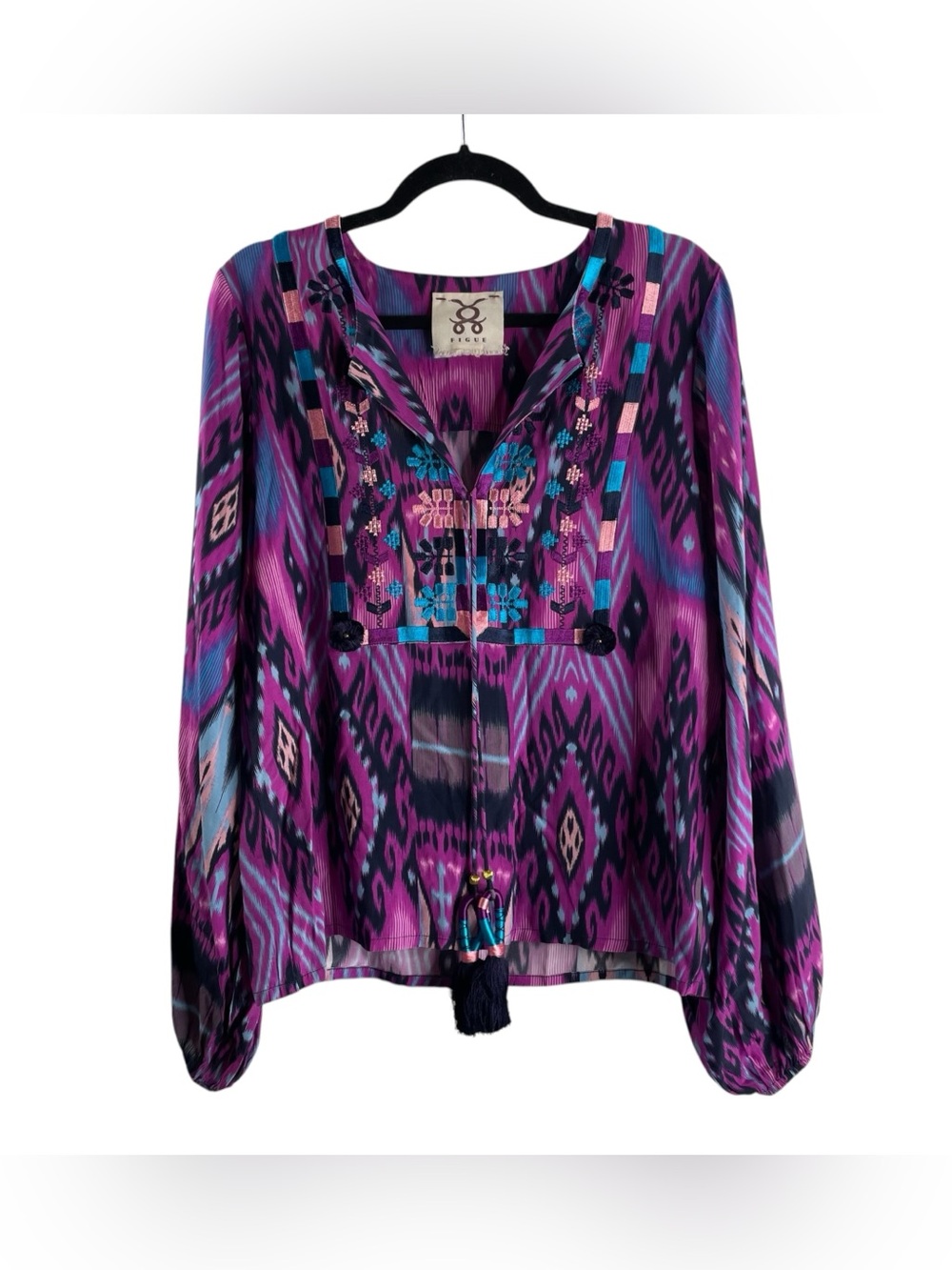 FIGUE Vibrant Purple & Teal Patterned Embroidered Tunic Viscose